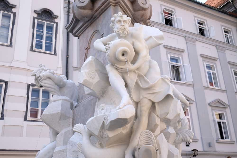 LJUBLJANA, SLOVENIA - : Best-known work by Francesco Robba is the Fountain of the Three Rivers of Carniola, representing Ljubljanica, Sava and Krka, Ljubljana, Slovenia