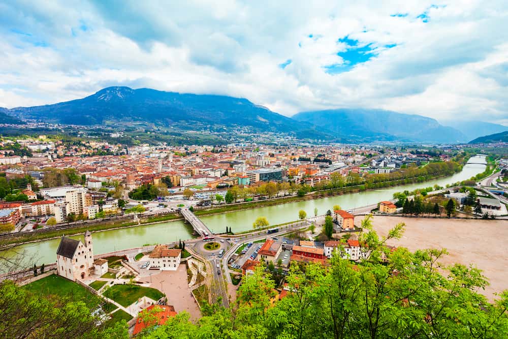 Trento aerial panoramic view. Trento is a city on the Adige River in Trentino Alto Adige Sudtirol in Italy.