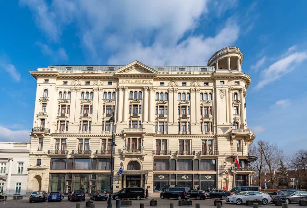 Beautiful building. Historic Hotel Bristol facade on Krakowskie Przedmiescie street Warsaw Poland.