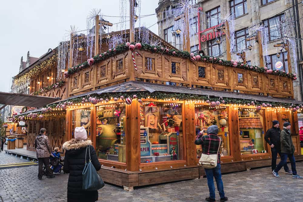 Decorations on the Old Town Market Square during annual Christmas market in historic part of Wroclaw city