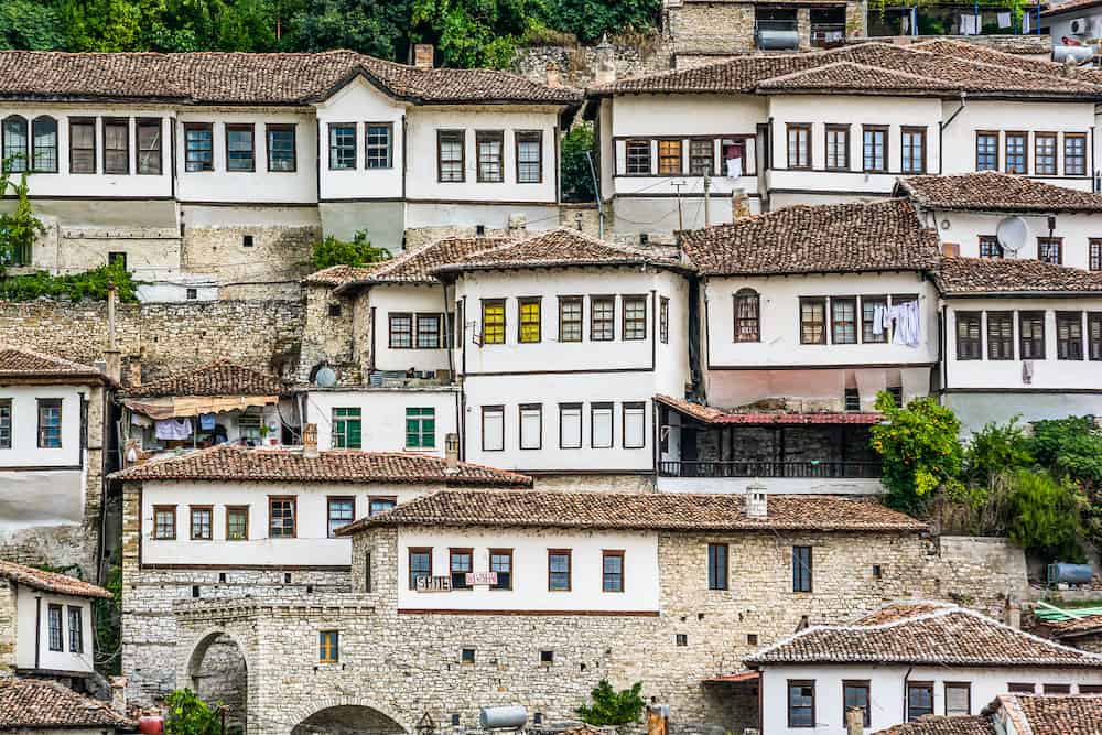 Berat, Albania - Detail of houses with brown roofs in Berati