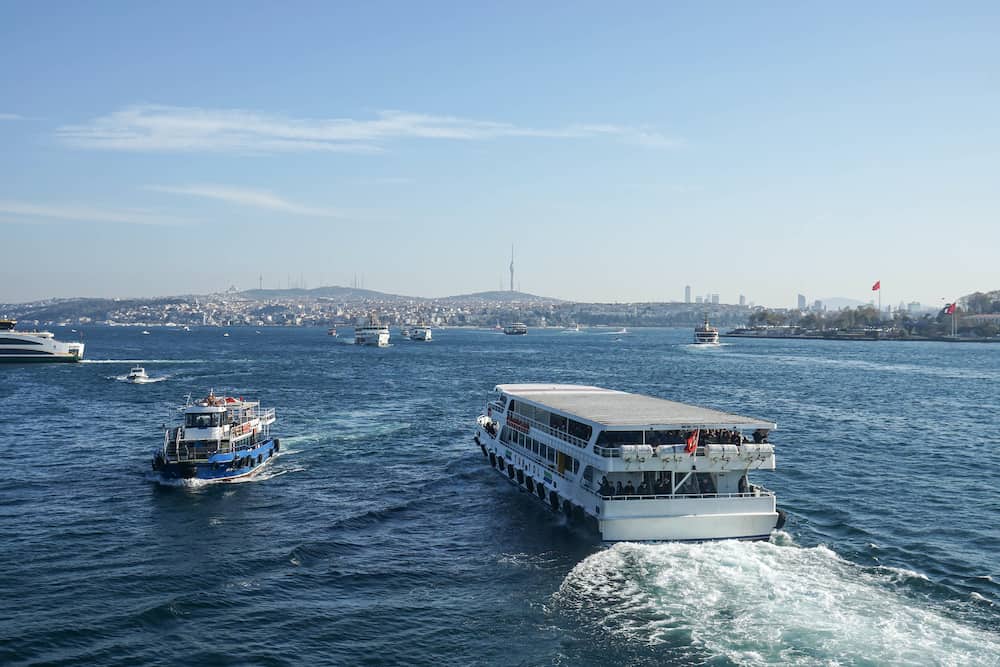 Istanbul / Turkey - luxury cruise and boat tour in Bosphorus Black Sea in blue sky sunny day