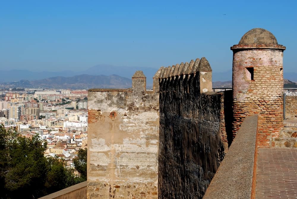 MALAGA, SPAIN - Gibralfaro castle (Castillo de Gibralfaro) with view over the coast Malaga Costa del Sol Malaga Province Andalucia Spain Western Europe