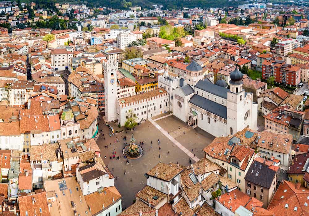 Trento Cathedral or Duomo di Trento aerial panoramic view. Duomo is a roman Catholic cathedral in Trento city in Trentino Alto Adige in Italy.