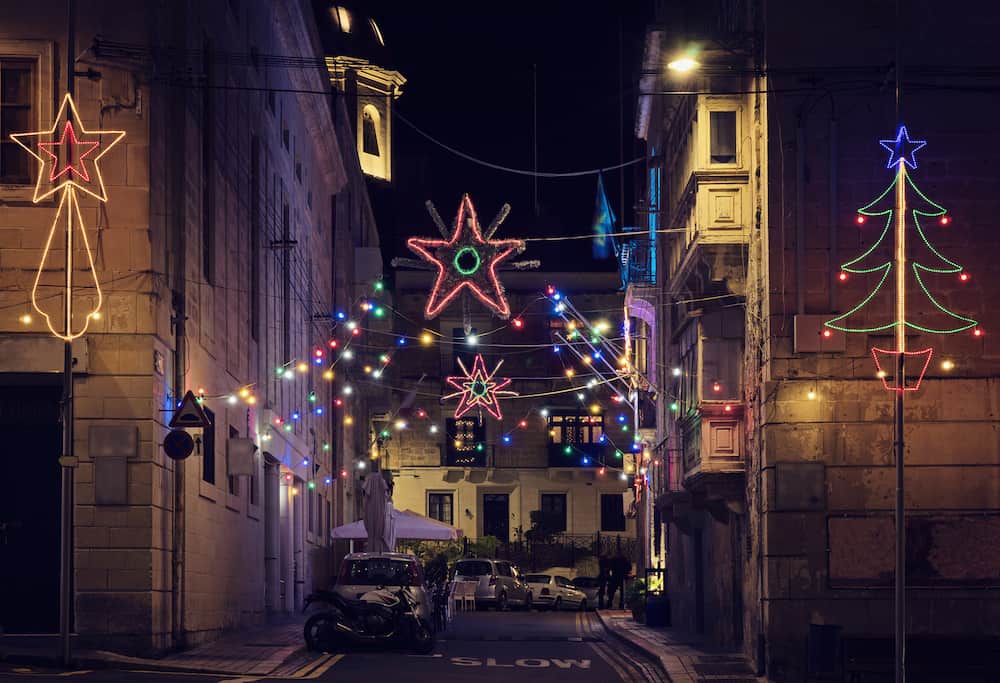 Authentic Street of old city Malta in the Christmas decor and illuminations