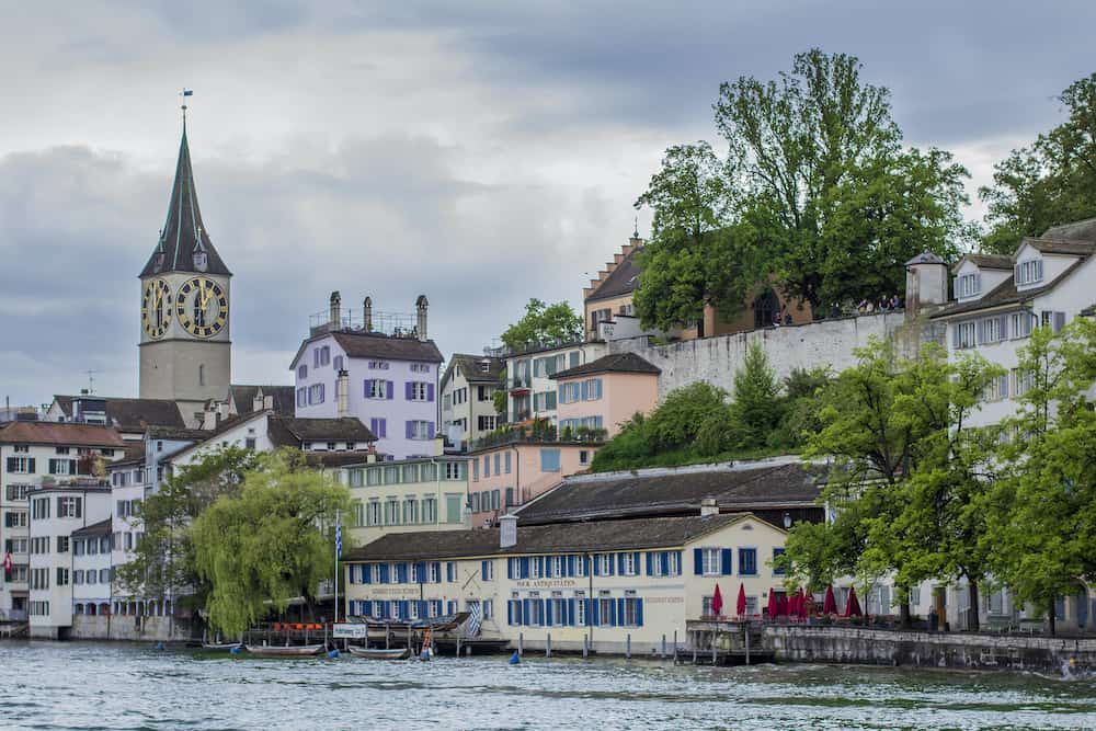 Panorama of Zurich. View of the Cathedral of St. Peter in Zurich. View of the Old Town in Zurich. Architecture