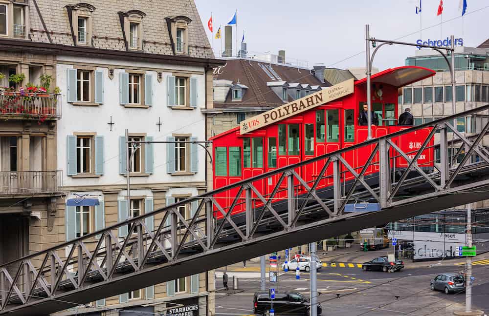 Zurich, Switzerland - : the Polybahn funicular railway. The Polybahn, also known as the UBS Polybahn, is a funicular railway in the city of Zurich, connecting the Central square with the terrace by the main building of the ETH.