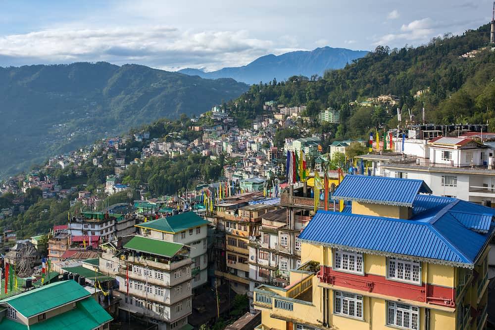 Beautiful aerial view of the Gangtok city, capital of Sikkim state, Northern India.