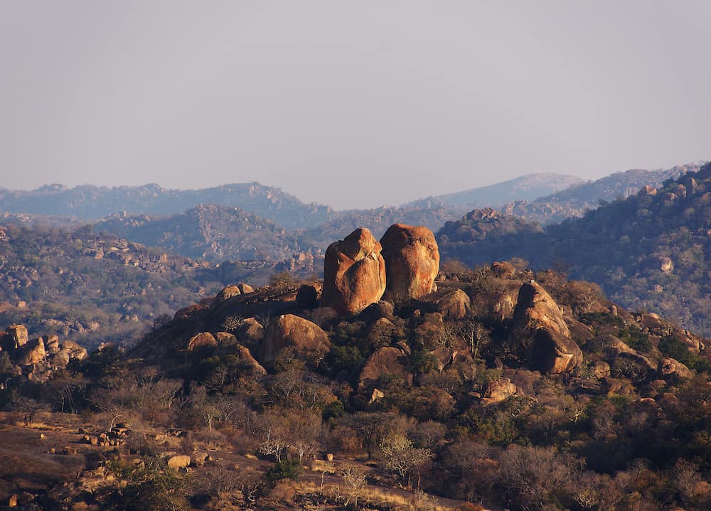 Panorama of the Rhodes-Matopos National Park southern from Bulawayo Zimbabwe view on the granite kopjes