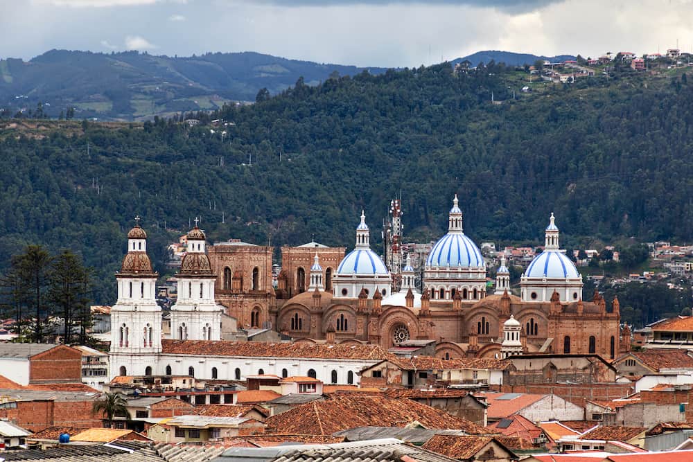 Panoramic view of the city Cuenca, Ecuador, New Cathedral or Catedral de la Inmaculada Concepcin de Cuenca and surrounding mountains