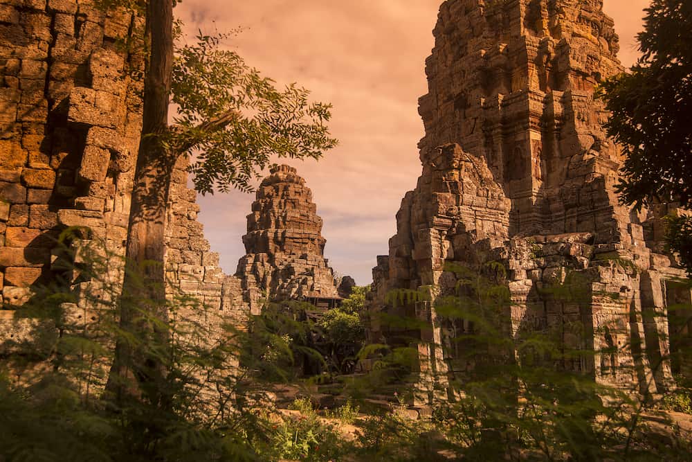 The wat ek phnom Temple ruins south of the city Battambang in Cambodia. Cambodia, Battambang