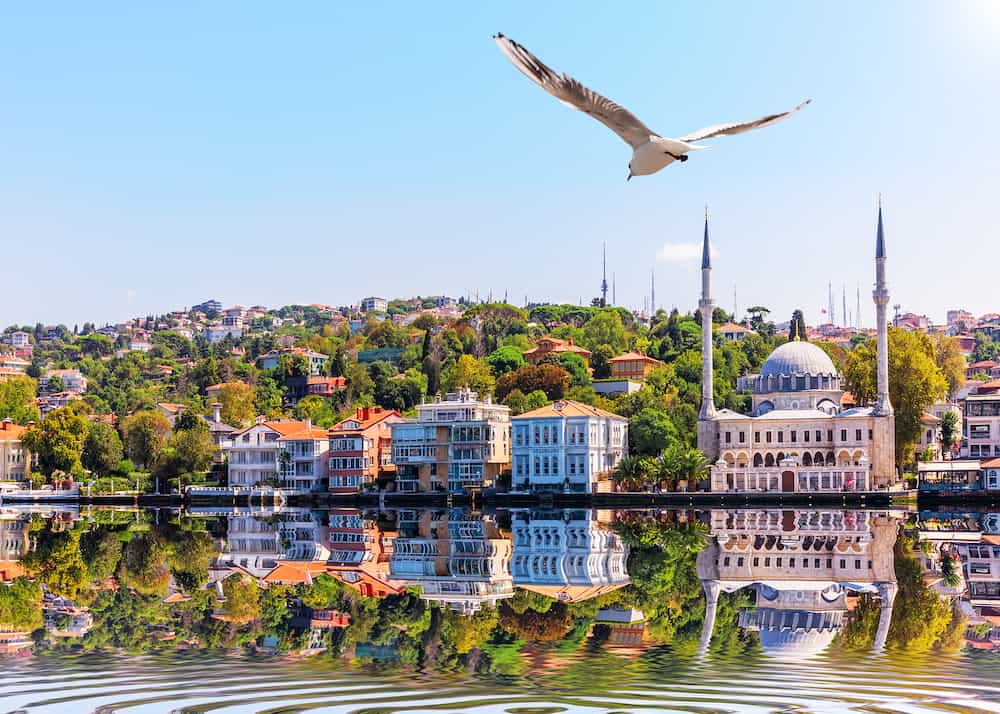 Beylerbeyi Mosque and view on the Asian side of Istanbul from the Bosphorus Strait