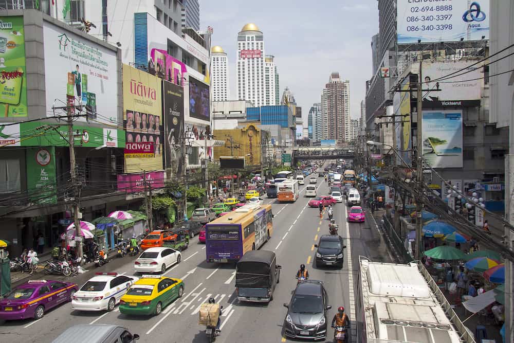 BANGKOK THAILAND-Petchaburi Road in the Pratunam District of Bangkok. The road is one of Bangkok's busiest for traffic
