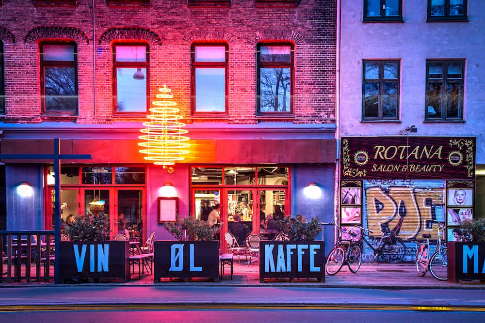  A bar in the street Norrebrogade in Norrebro district by night.