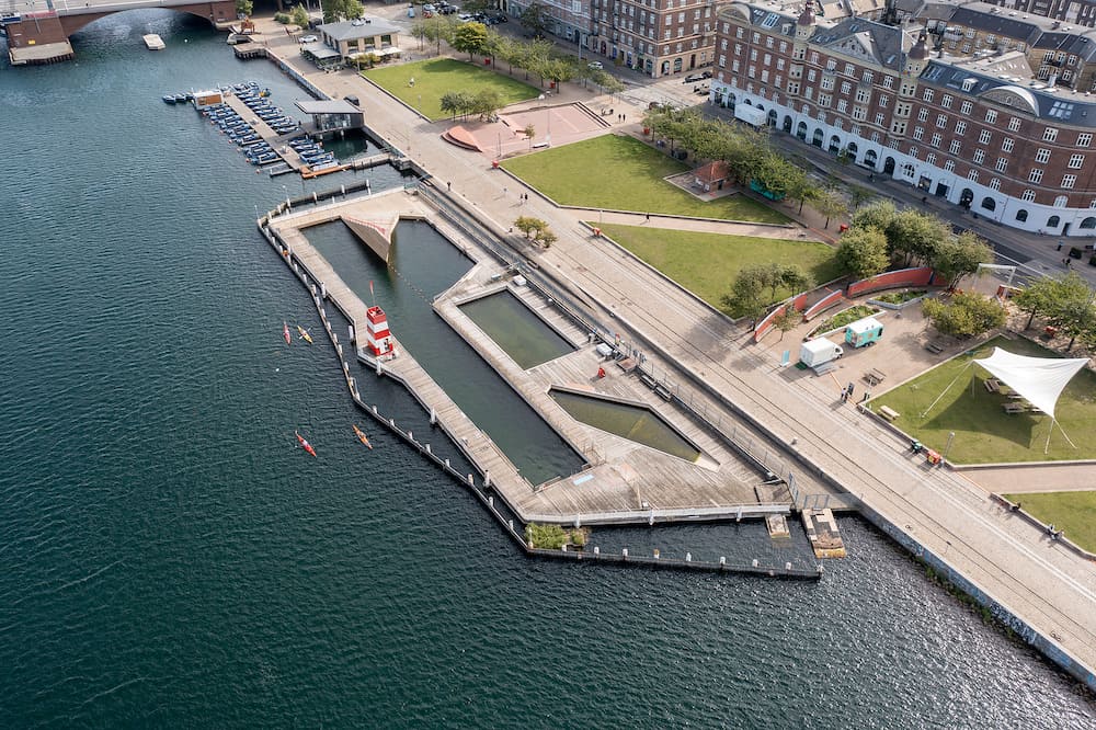 Copenhagen, Denmark - Aerial drone view of the harbour bath at Islands Brygge.