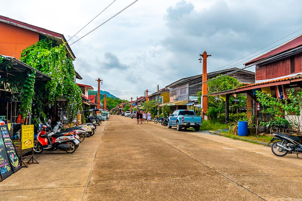 Koh Lanta, Thailand - City street of the Ko Lanta Old Town. Street with small famous shops, restaurants and other retail store. Historical place on tropical island. Famous tourist target