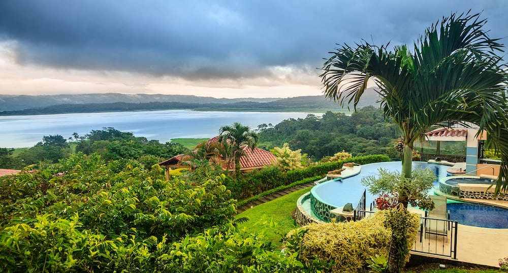 Scenic view of Lake Arenal in central Costa Rica and a lodge