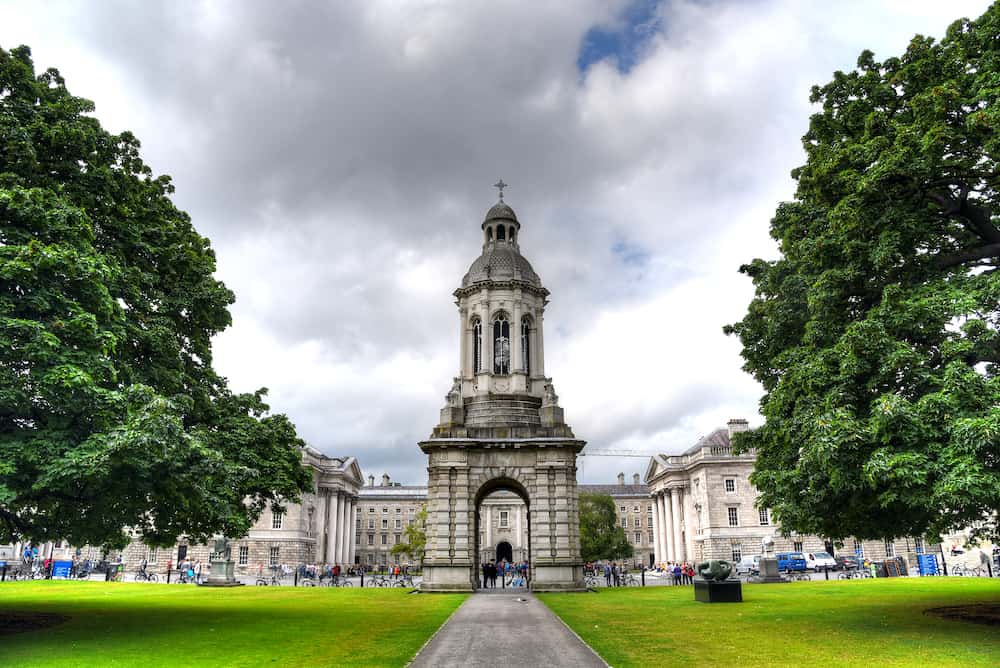 Dublin Ireland - The courtyard of Trinity College and the Campanile of Trinity College in Dublin Ireland 