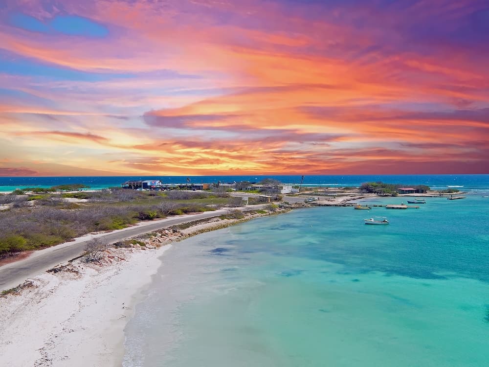 Aerial from Rodgers beach on Aruba island in the Caribbean Sea at sunset