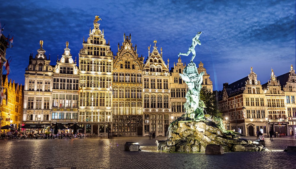 ANTWERP, BELGIUM - Architecture of the historic city center of Antwerp, in the Flemish Region of Belgium, after sunset