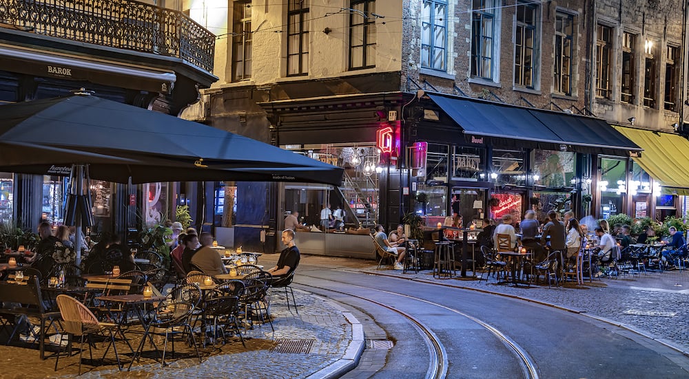 ANTWERP, BELGIUM - Restaurants in the old town of Antwerp, in the Flemish Region of Belgium, in the night
