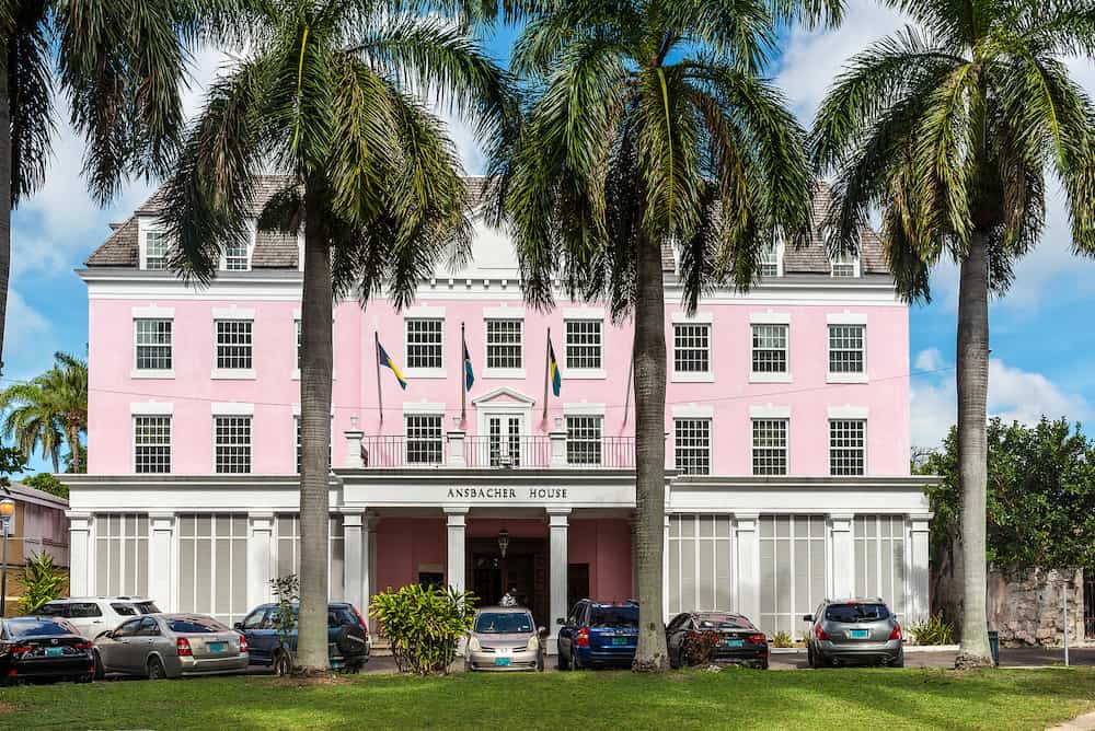 Nassau, Bahamas -The Ansbacher House in Nassau, Bahamas. The pink hue of the Ansbacher House signifies its role as a Bahamas government building.