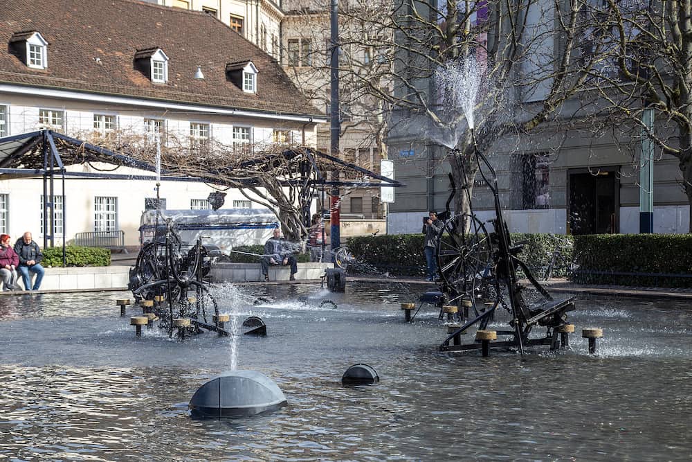 Basel, Switzerland - The artistic Tinguely Fountain in the historic city centre created by Swiss artist Jean Tinguely.