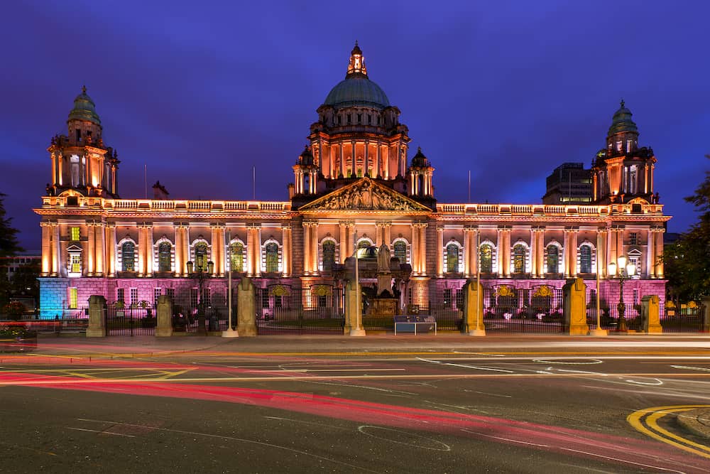 Illuminated Belfast City Hall at night, Belfast, Northern Ireland, United Kingdom