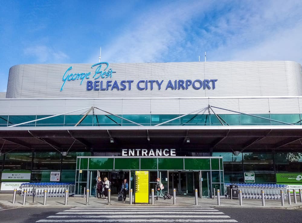Belast, Northern Ireland, The front entrance of George Best Belfast City Airport in a sunny day.
