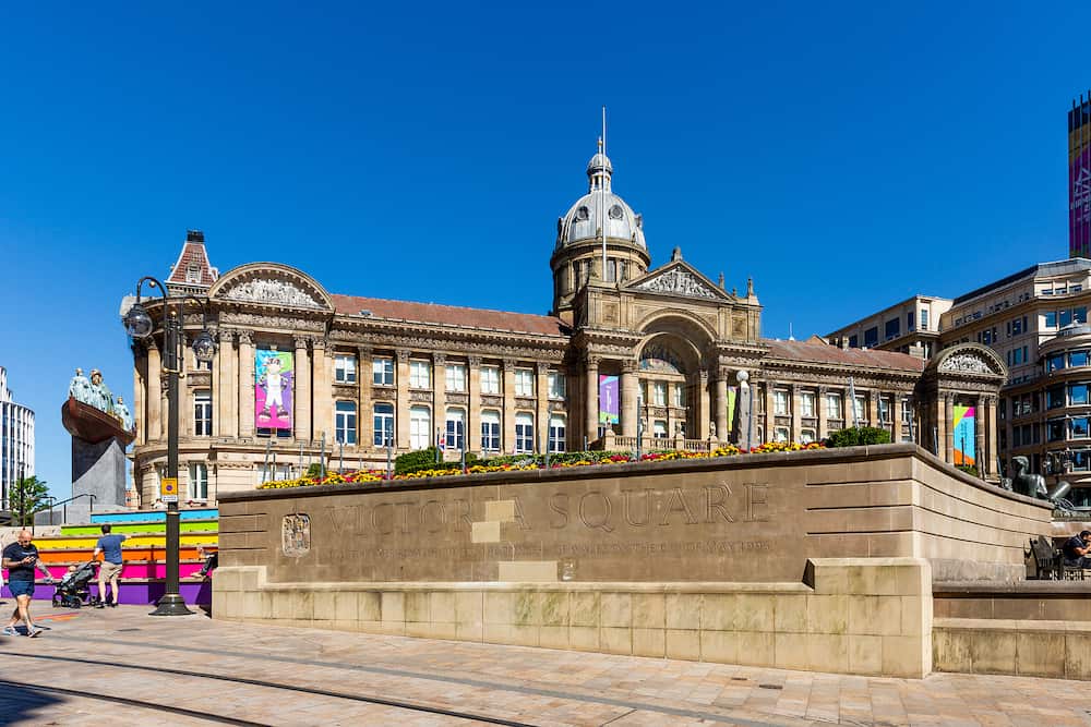 BIRMINGHAM, UK - A landscape view of Victoria Square in Birmingham city centre with The Council House and sign prominent