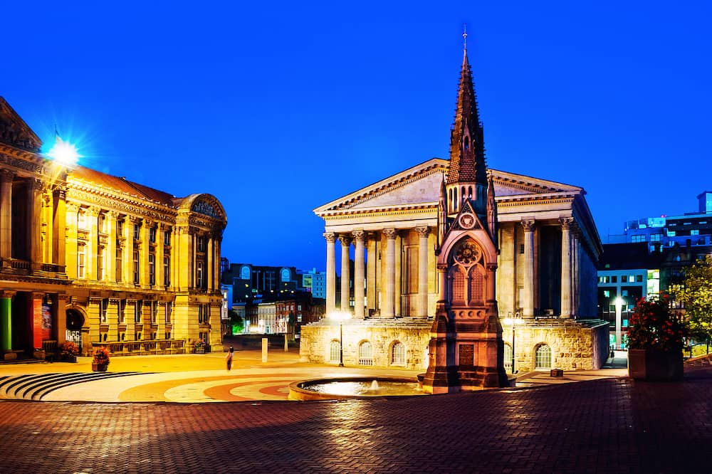 Birmingham, UK. Illuminated Chamberlain square at night