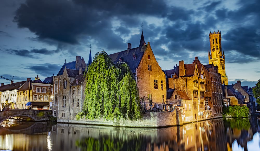 BRUGES, BELGIUM - Architecture of the historic city of Bruges in the Flemish Region of Belgium, after sunset