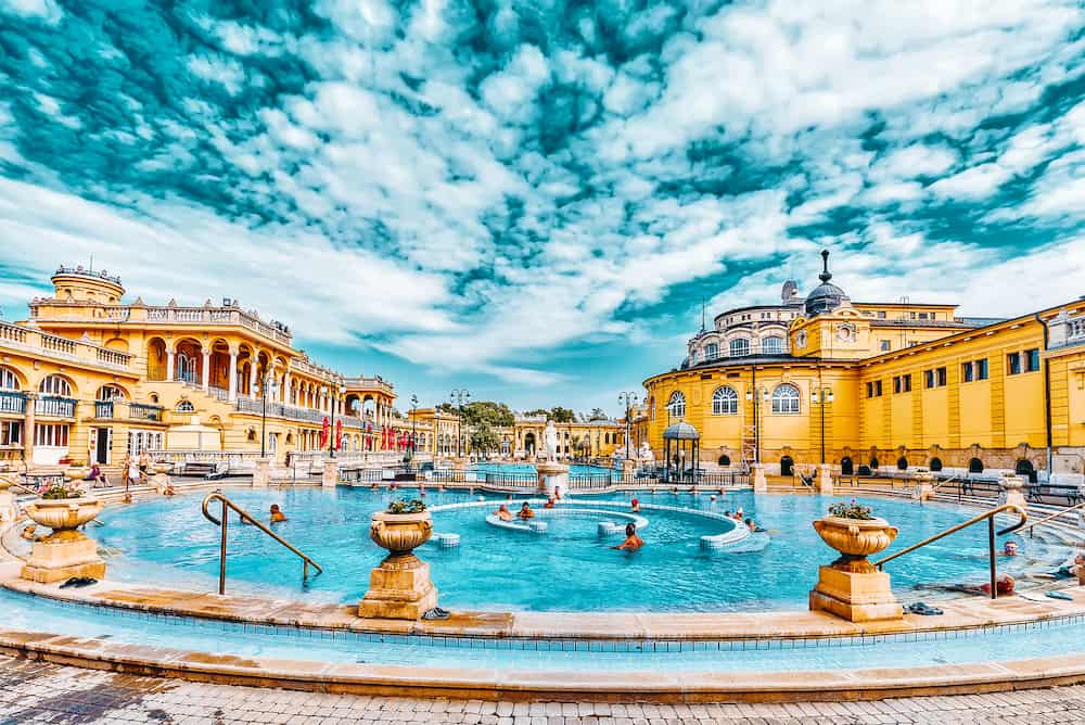 BUDAPEST, HUNGARY- Courtyard of Szechenyi Baths, Hungarian thermal bath complex and spa treatments.