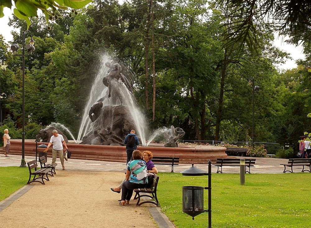 BYDGOSZCZ, POLAND - The restored fountain "The Deluge" (1904-1943 - 2014) on a park square in Bydgoszcz. Place favorite walks inhabitants of Bydgoszcz ..