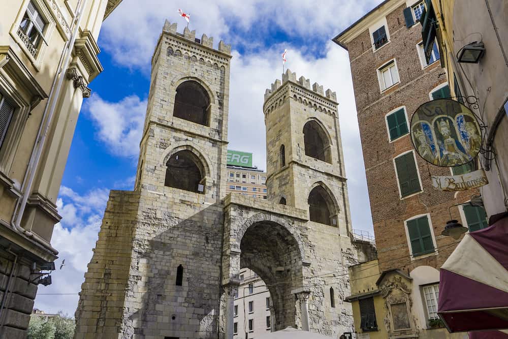 GENOA, ITALY - Detail of the Porta Soprana in Genoa, Italy. This monumental gate was built at 1155 as part of a defensive wall system