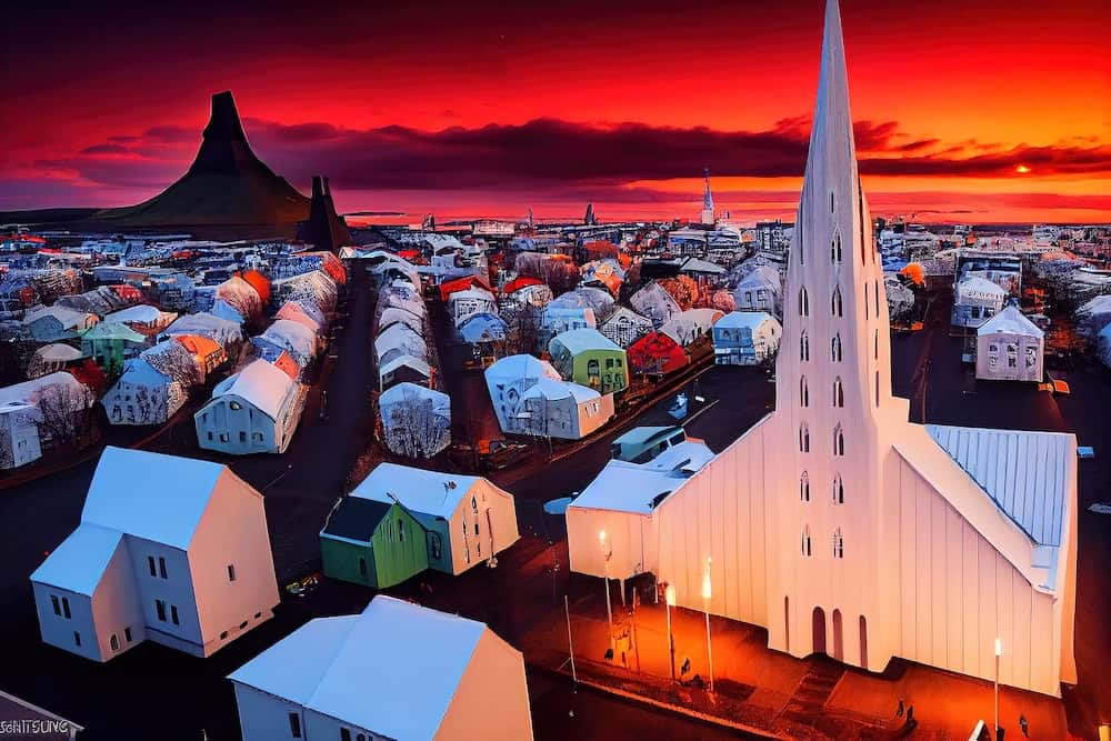 Cartoon style Hallgrimskirkja church in Reykjavik during sunset with