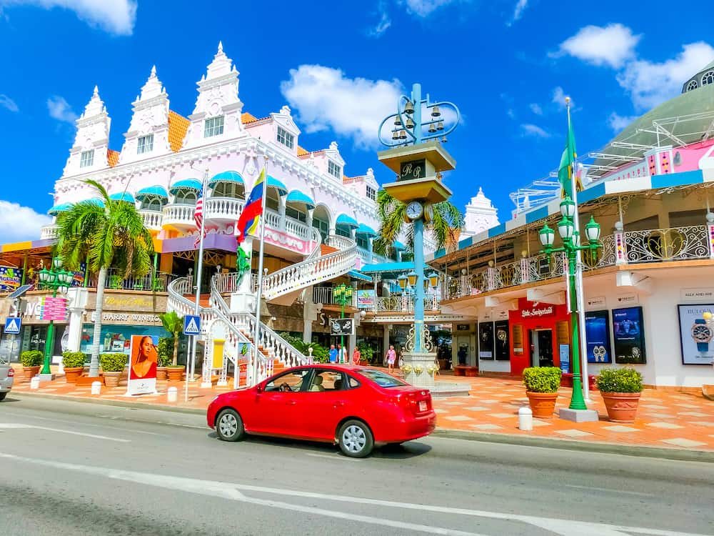 Oranjestad, Aruba - Street view of busy tourist shopping district in Caribbean city of Oranjestad, Aruba
