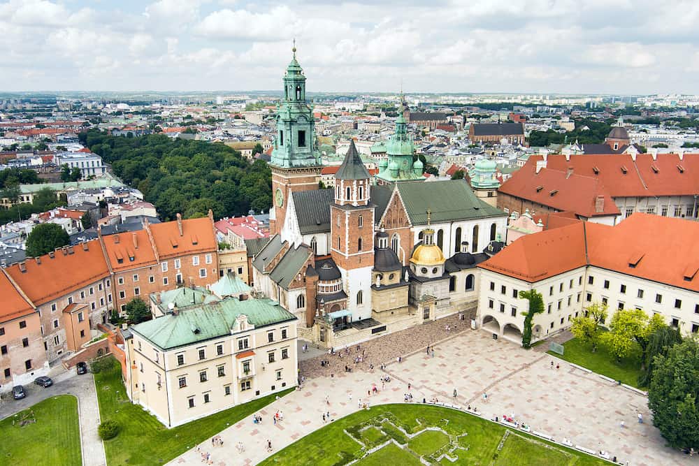 Aerial view of The Wawel Royal Castle, a castle residency located in central Krakow. Wawel Royal Castle and the Wawel Hill constitute the most historically and culturally important site in Poland.