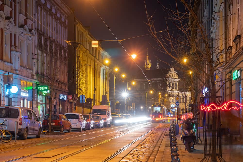 Krakow, Poland Night view of Krakow streets. Travel
