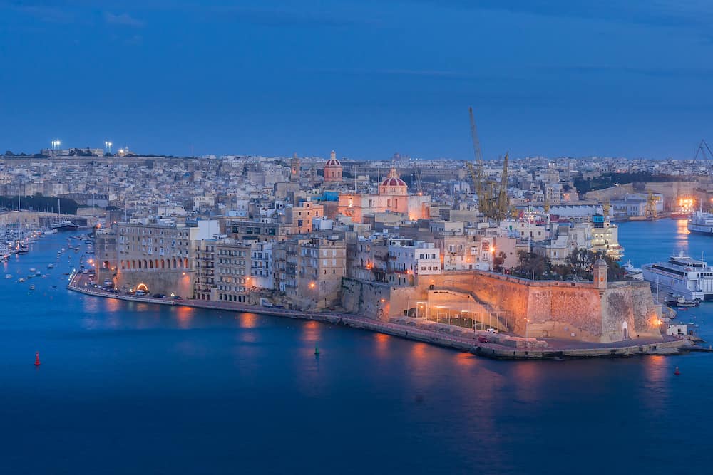 Valletta, Malta - Sunset look from Valletta towards the three cities, Malta