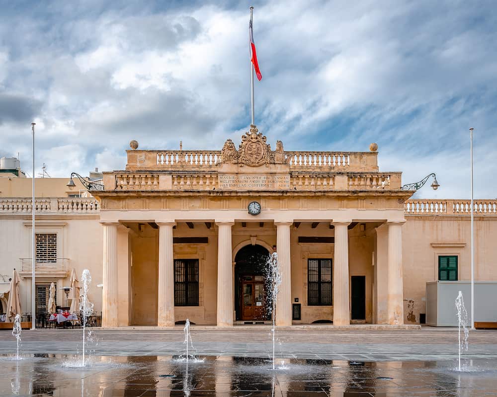 The main facade of the Grandmaster's Palace in St. George's Square in Valletta, Malta.