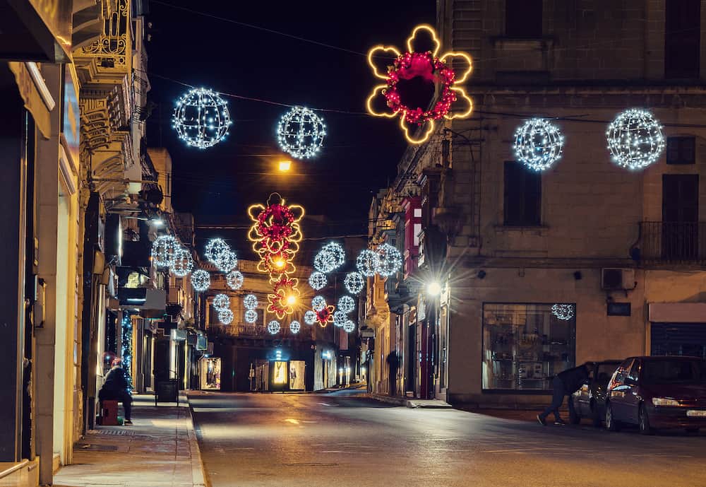 View of the night street Paola of Malta decorated for Christmas