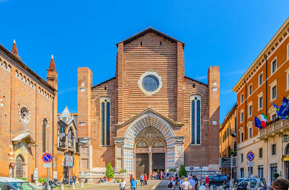 Verona, Italy - Basilica di Santa Anastasia catholic church of Dominican Order in Piazza Santa Anastasia square, Gothic style building in historical city centre Citta Antica
