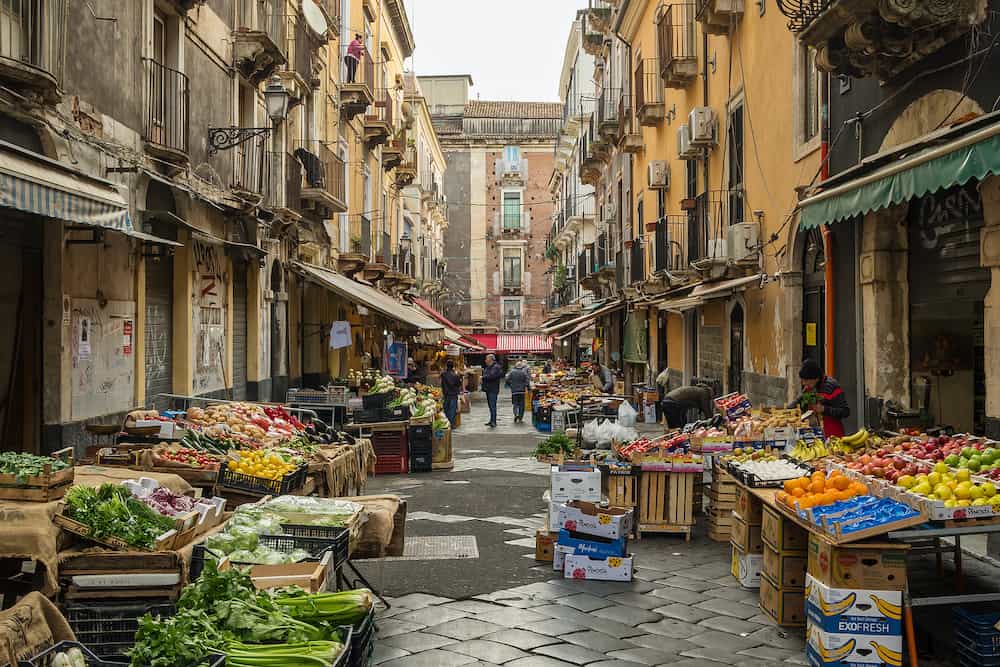 Palermo, Sicily - Fresh fruits and vegetables at Ballaro market in Palermo, Sicily