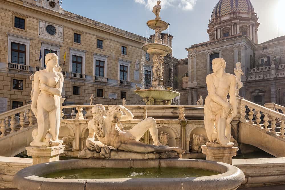 The Praetorian Fountain or Fontana Pretoria in Palermo, Sicily, Italy. Landmarks of Sicily.