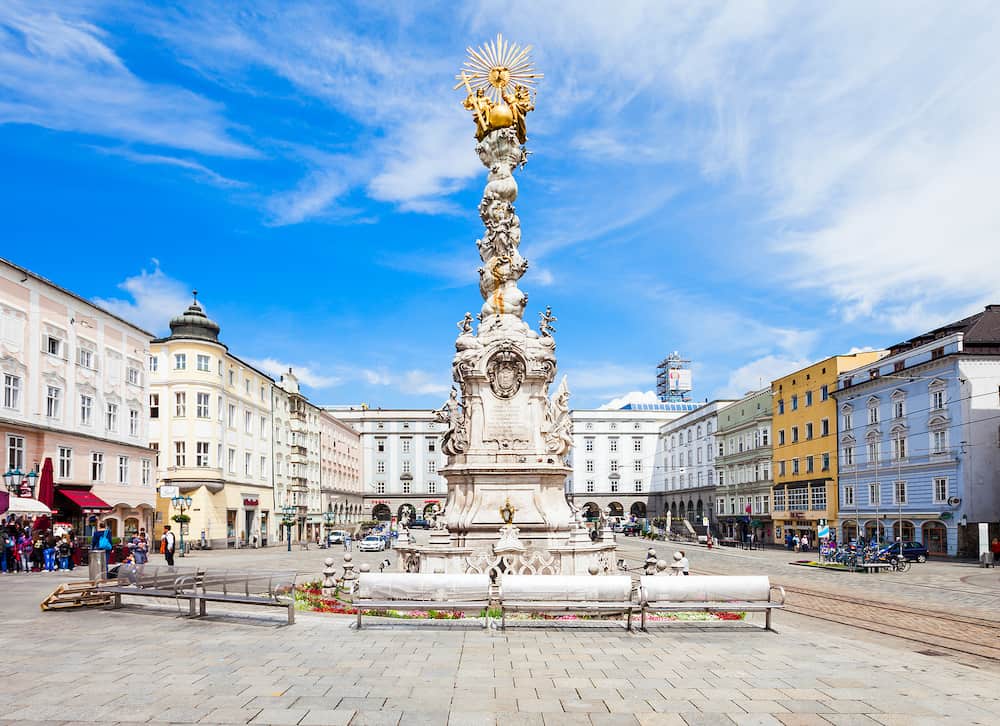 LINZ, AUSTRIA - Holy Trinity column on the Hauptplatz or main square in the centre of Linz, Austria. Linz is the third largest city of Austria.