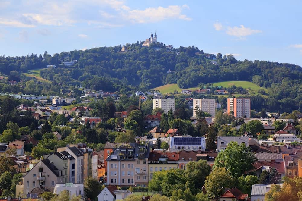 Linz city view in Austria. Postlingberg and Auberg districts.