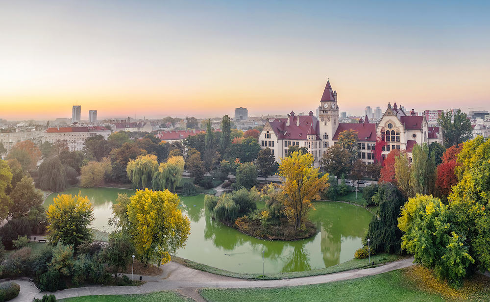 Wroclaw, Poland. Aerial view of Park Stanislawa Tolpy on autumn sunrise