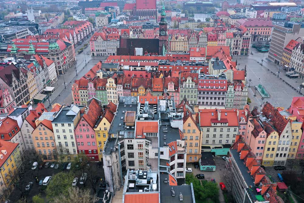 Aerial view of the historic center of Wroclaw, Market Square and the Old Town. Wroclaw, Poland