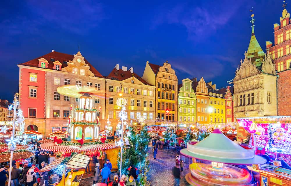 Wroclaw, Poland - Breslau winter travel background with famous Christmas Market in Europe.